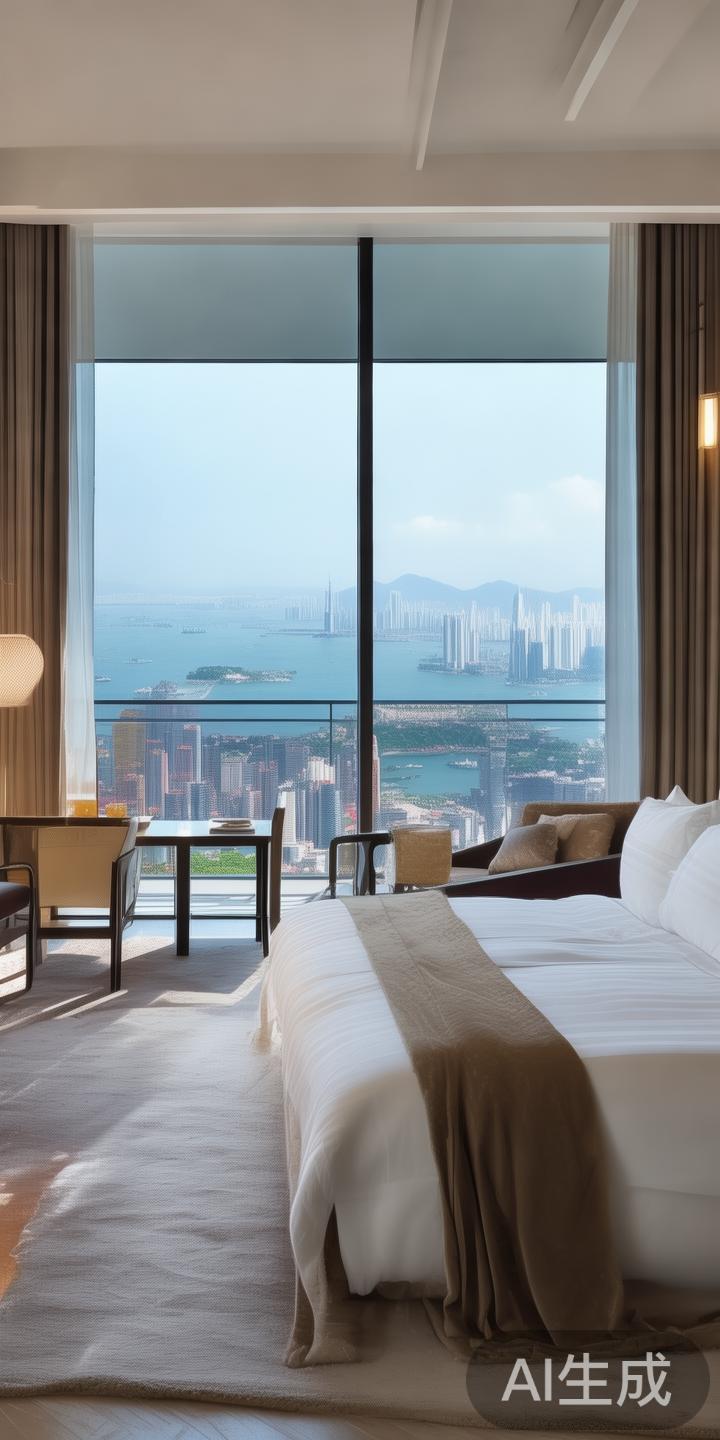 豪华客房的内部设计强调空间感与细节之美，宽大的落地
